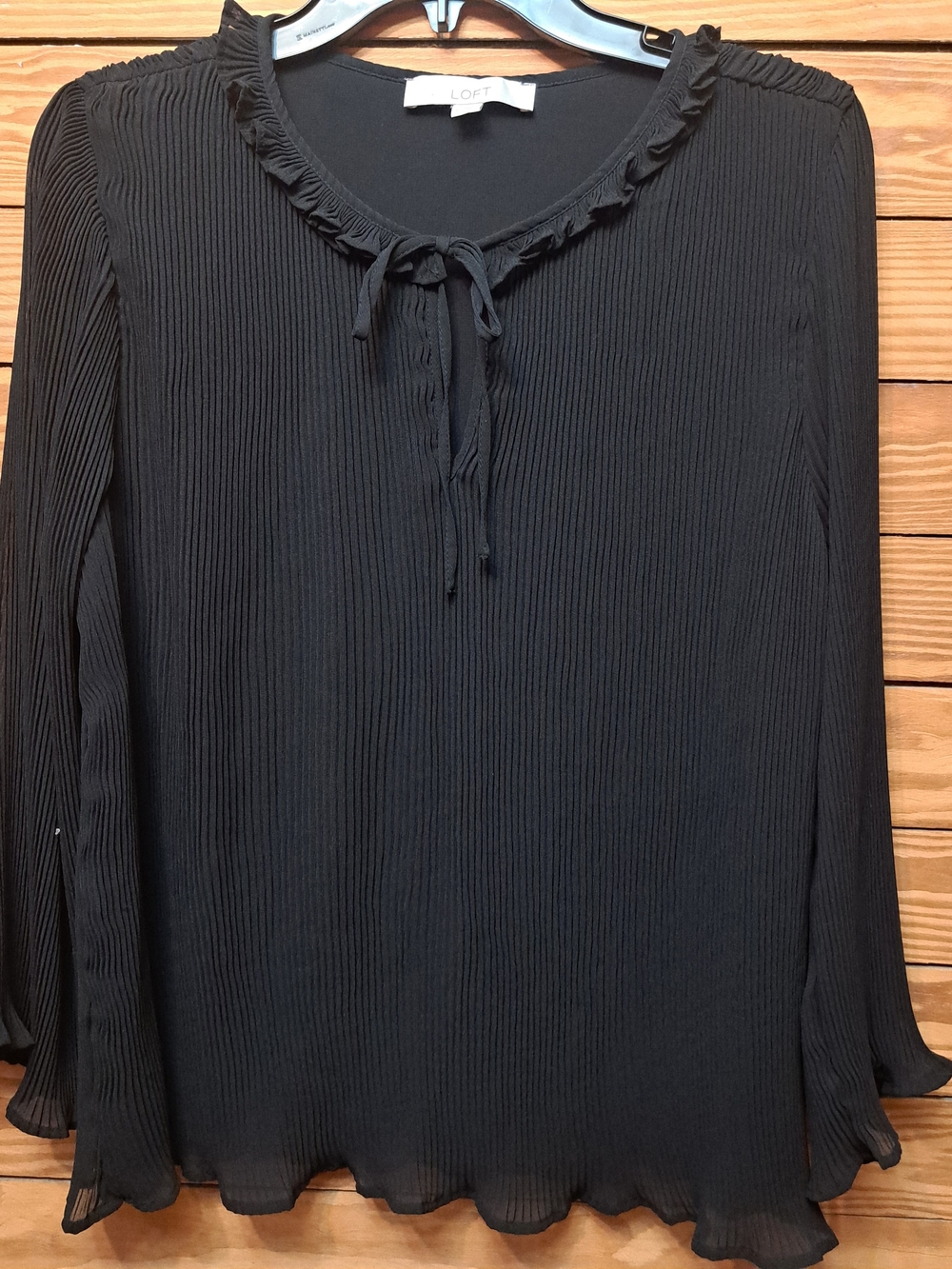 LOFT Black Long-Sleeve Pleated Tie-Neck Ruffle Blouse